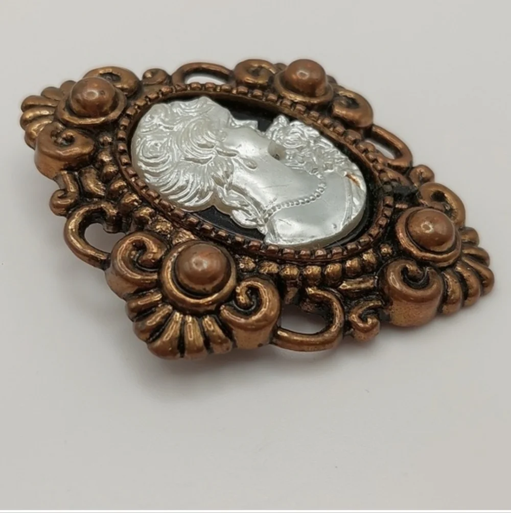 Vintage Plastic Cameo Button Bronze, Black, White